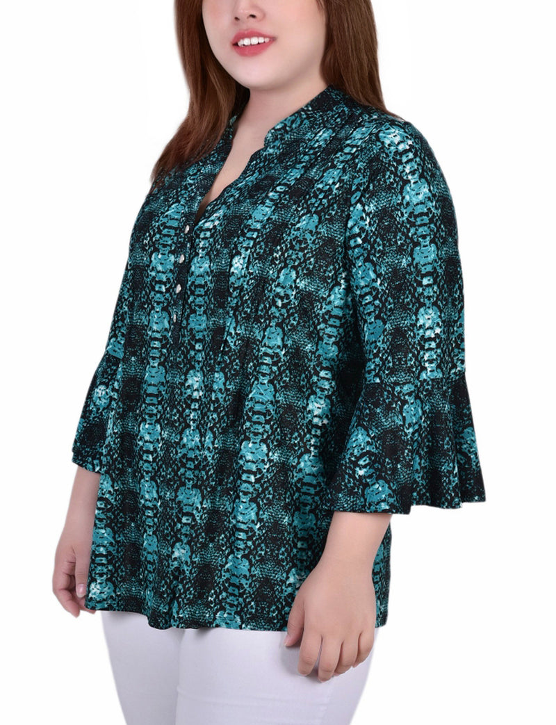 Plus Size 3/4 Bell Sleeve Pleat Front Y Neck Top