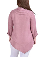 Plus Size Long Roll Tab Sleeve Nubby Cowl Neck Top