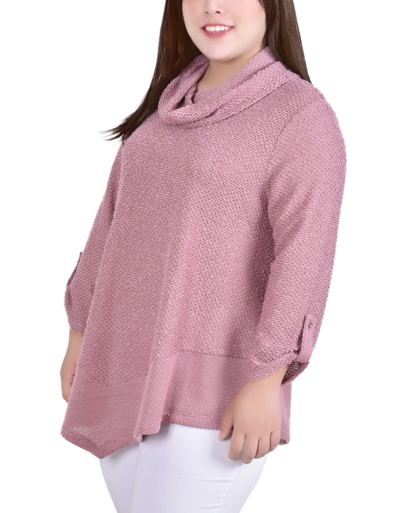 Plus Size Long Roll Tab Sleeve Nubby Cowl Neck Top