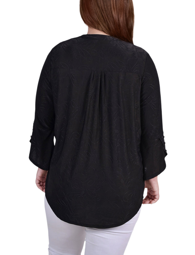 Plus Size 3/4 Sleeve Overlapped Bell Sleeve Y Neck Top