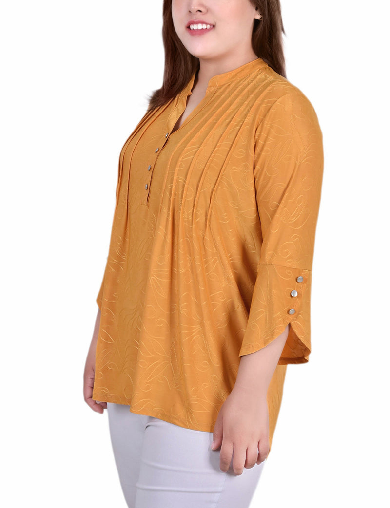 Plus Size 3/4 Sleeve Overlapped Bell Sleeve Y Neck Top