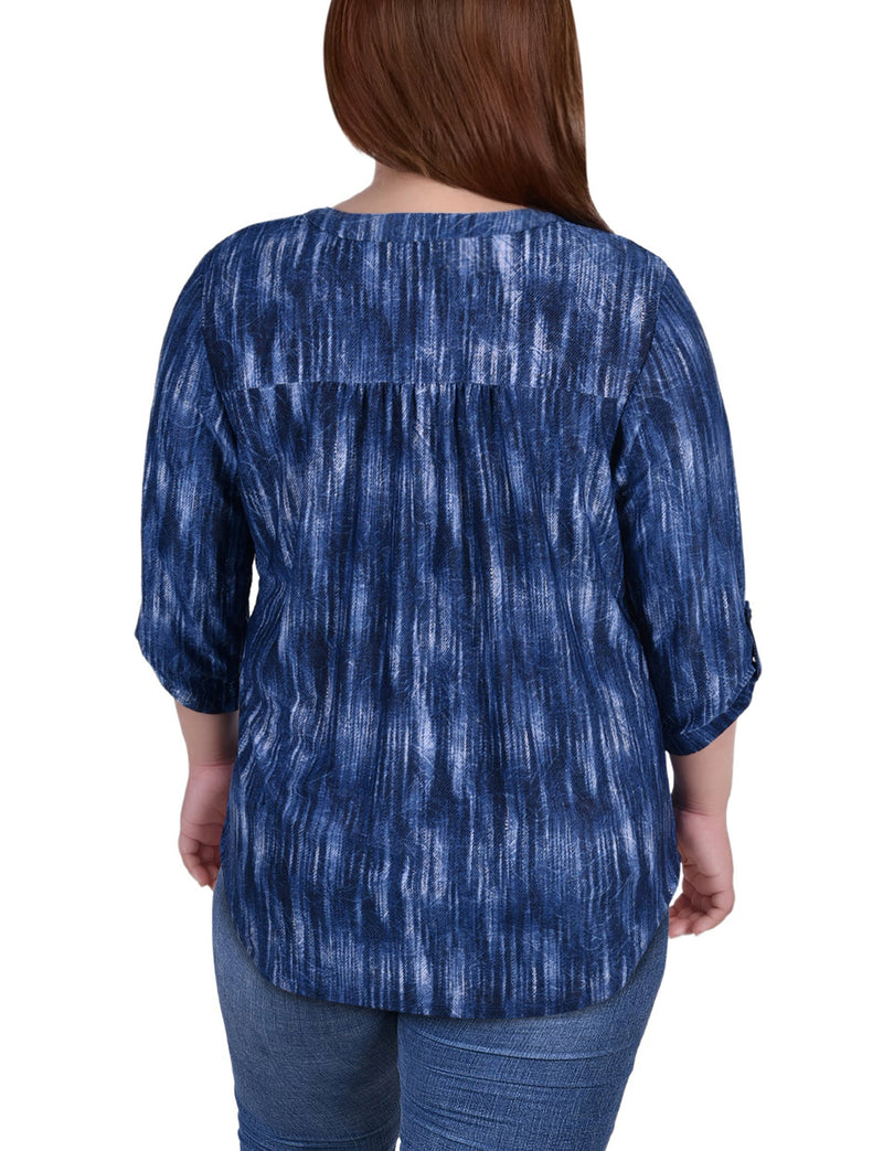 Plus Size 3/4 Sleeve Roll Tab Y Neck Pullover Top
