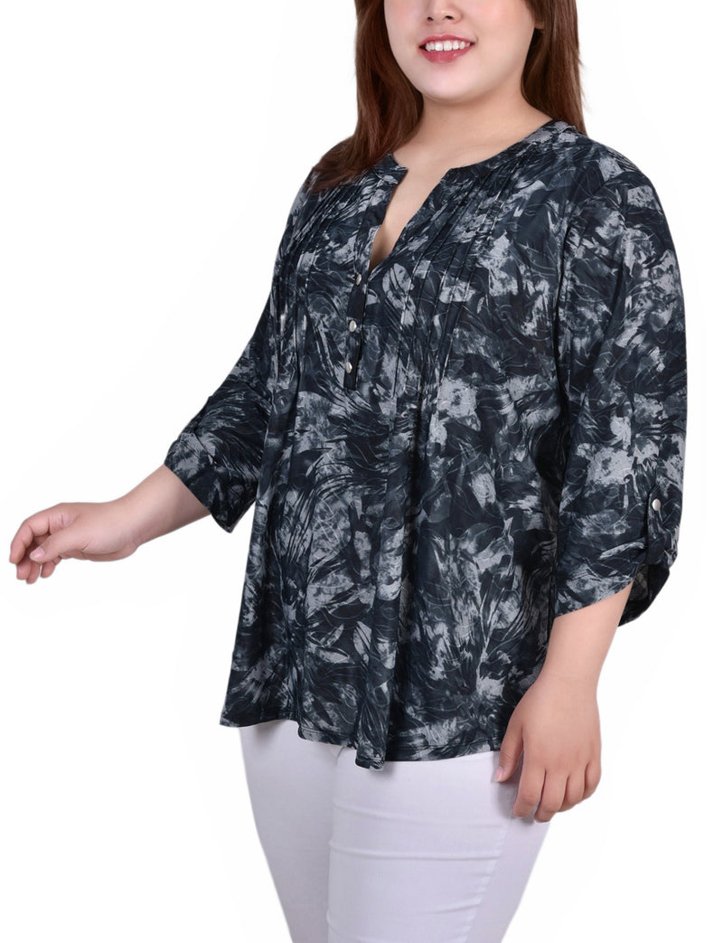 Plus Size 3/4 Sleeve Roll Tab Y Neck Pullover Top