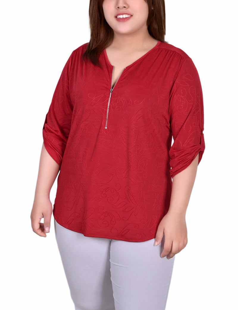 Plus Size 3/4 Roll Tab Zip Front Jacquard Knit Top