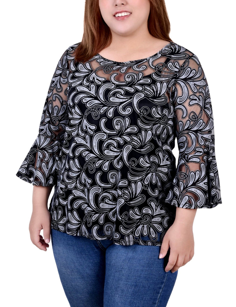 Plus Size 3/4 Sleeve Burnout Blouse With Matching Camisole