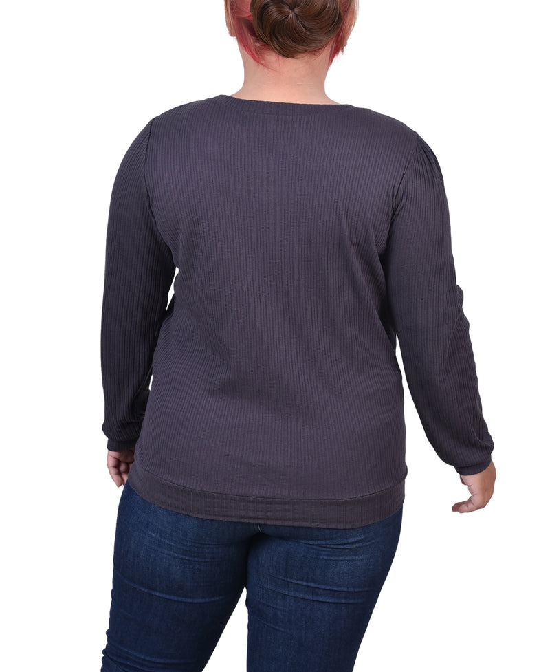 Plus Size Long Sleeve Ribbed Pearl Trimmed Top