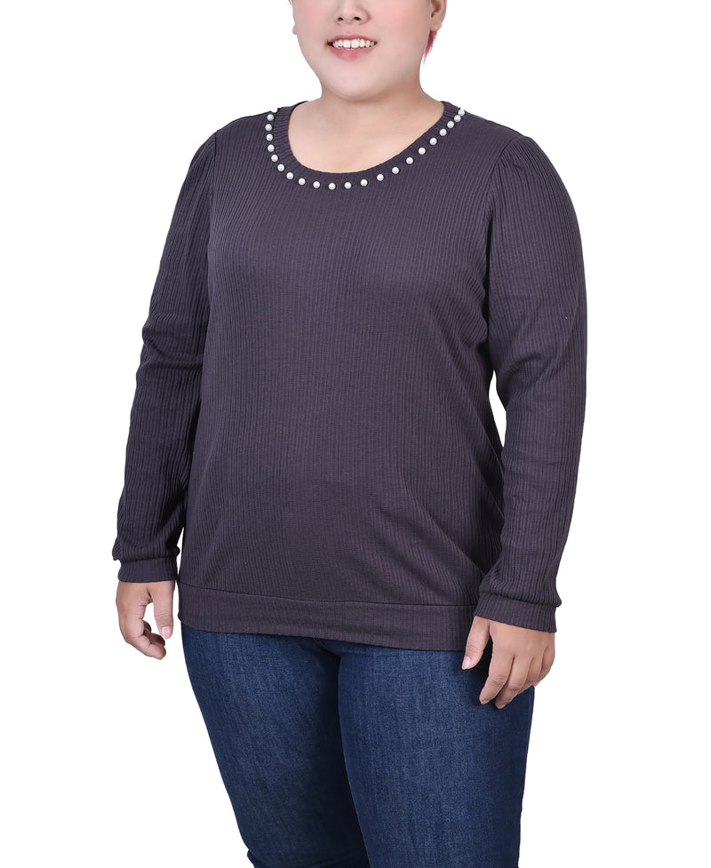 Plus Size Long Sleeve Ribbed Pearl Trimmed Top