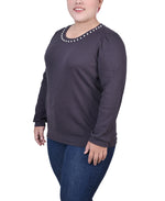 Plus Size Long Sleeve Ribbed Pearl Trimmed Top