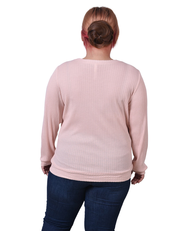 Plus Size Long Sleeve Ribbed Pearl Trimmed Top