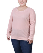 Plus Size Long Sleeve Ribbed Pearl Trimmed Top