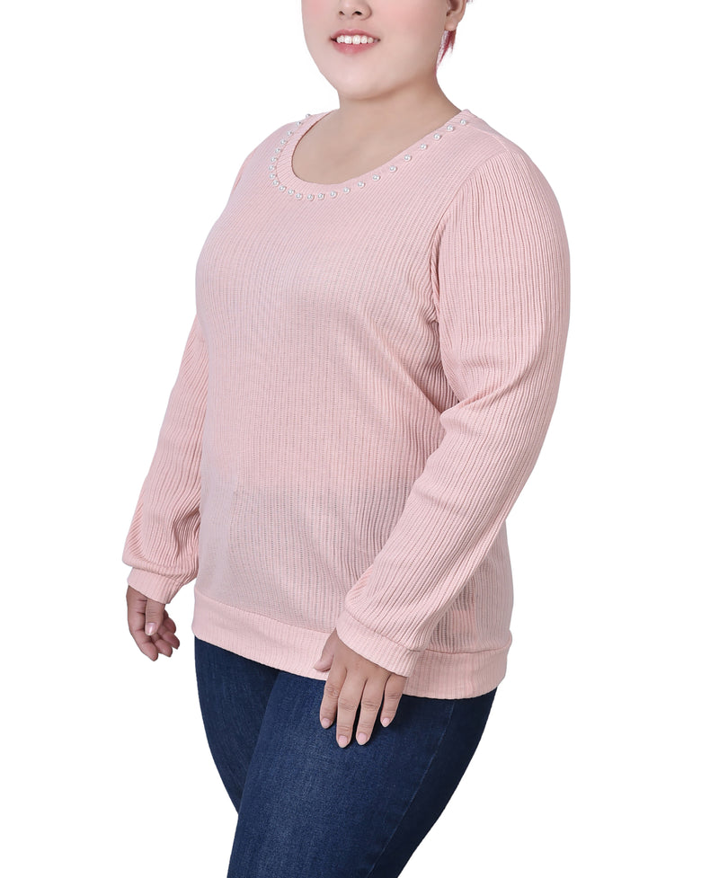 Plus Size Long Sleeve Ribbed Pearl Trimmed Top