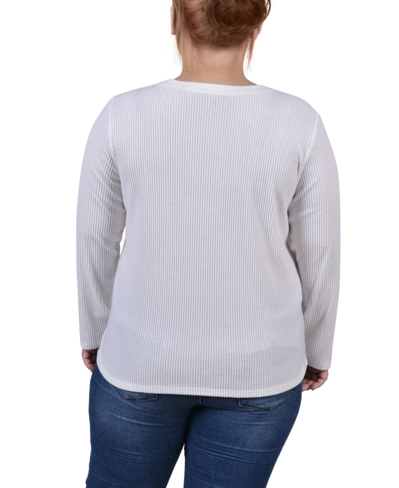 Plus Size Long Sleeve Ribbed Button Detail Top