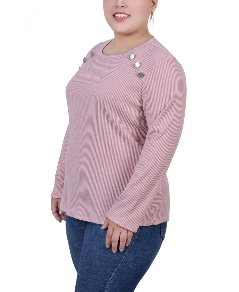 Plus Size Long Sleeve Ribbed Button Detail Top