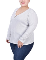 Plus Size Long Sleeve Ribbed Henley Top