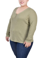 Plus Size Long Sleeve Ribbed Henley Top