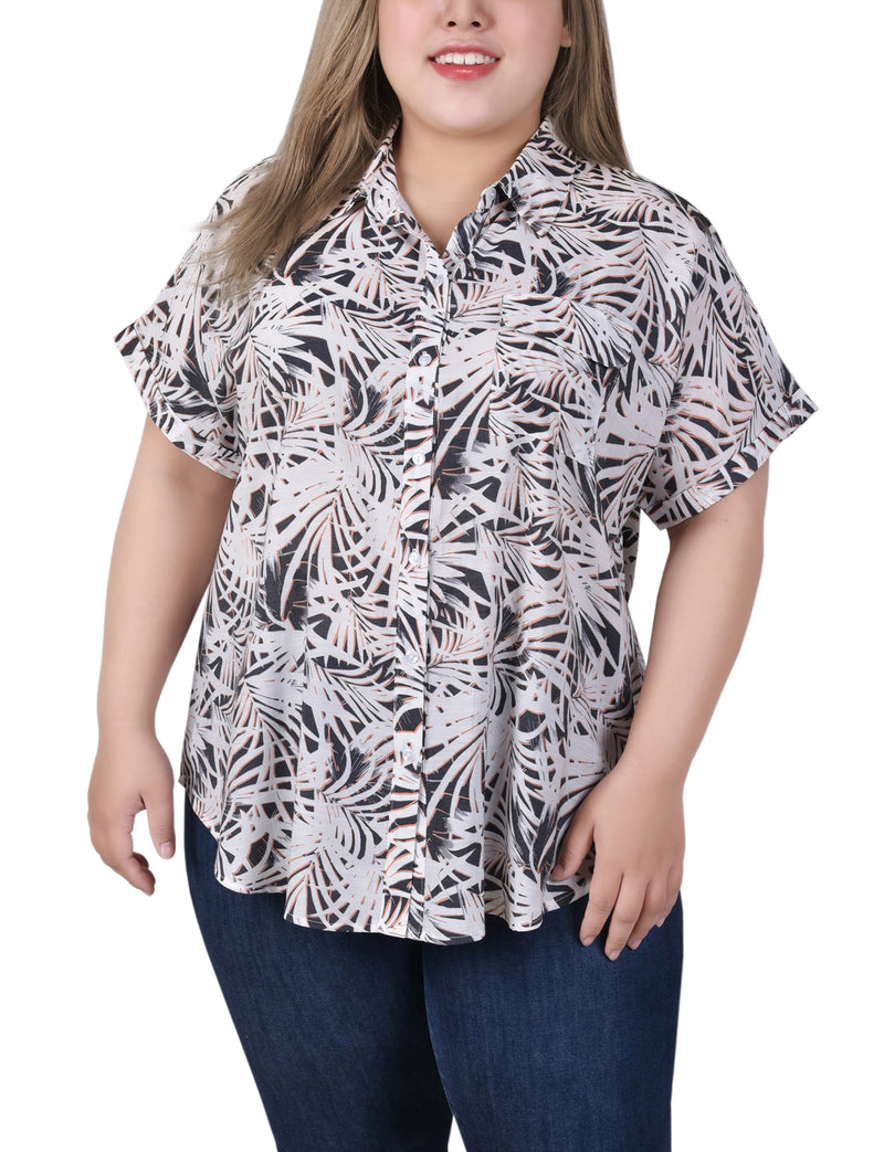 Plus Size Short Rolled Sleeve Button Front Blouse