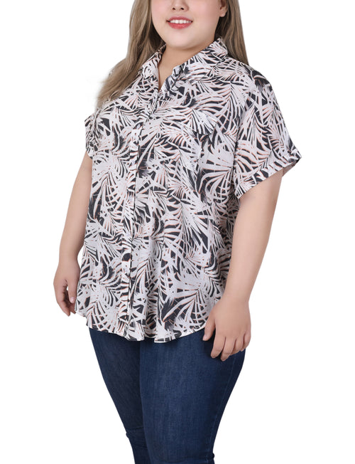 Plus Size Short Rolled Sleeve Button Front Blouse