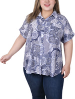 Plus Size Short Rolled Sleeve Button Front Blouse