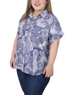 Plus Size Short Rolled Sleeve Button Front Blouse