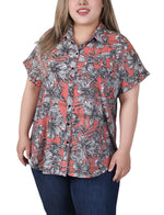 Plus Size Short Rolled Sleeve Button Front Blouse