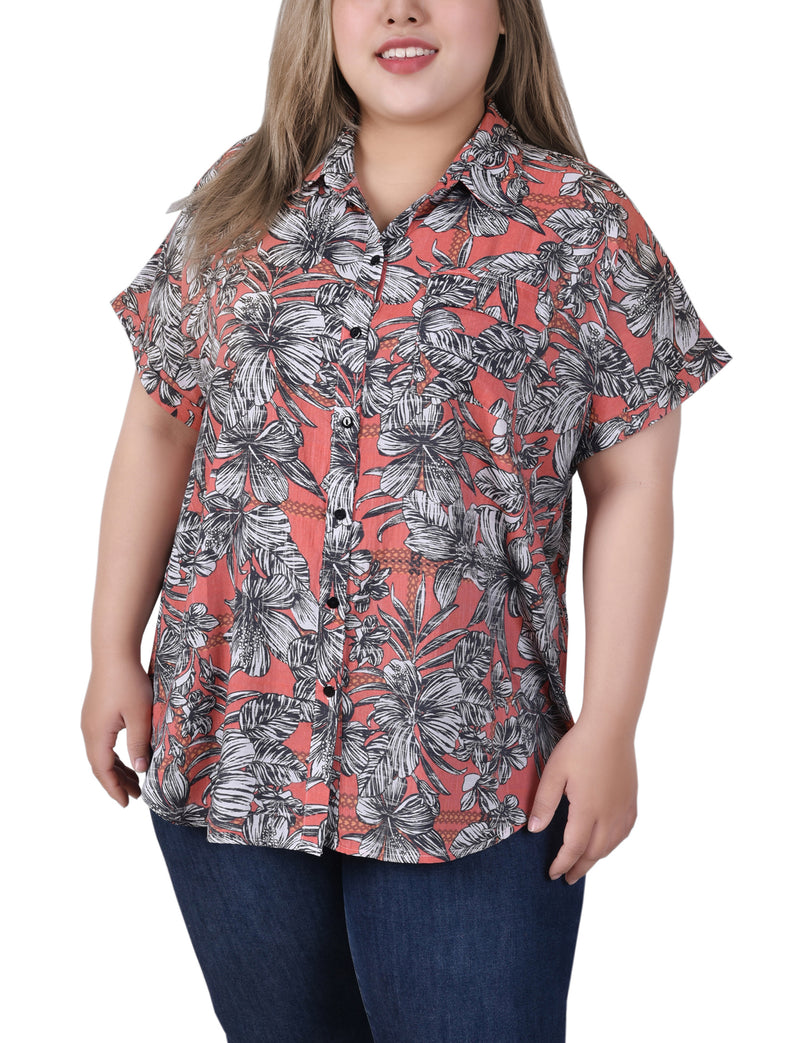 Plus Size Short Rolled Sleeve Button Front Blouse