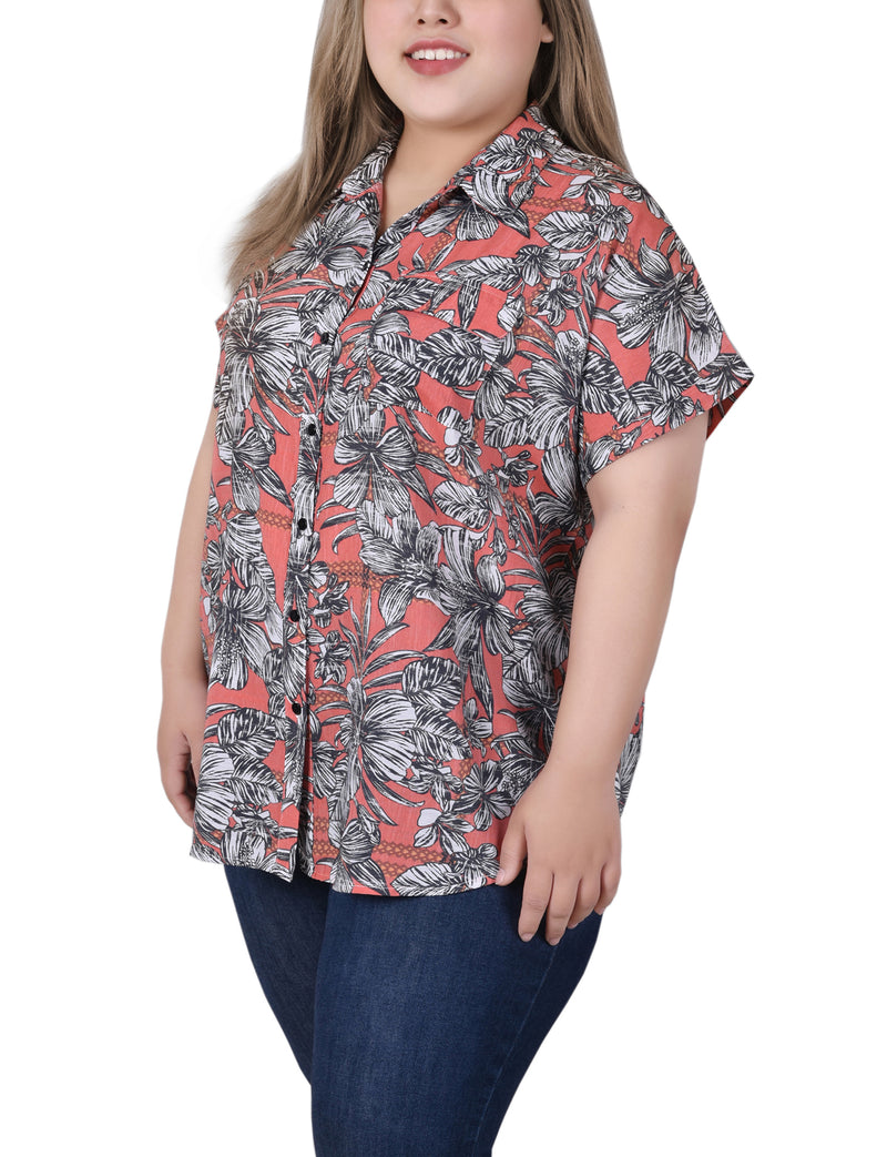 Plus Size Short Rolled Sleeve Button Front Blouse