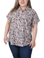 Plus Size Short Rolled Sleeve Button Front Blouse