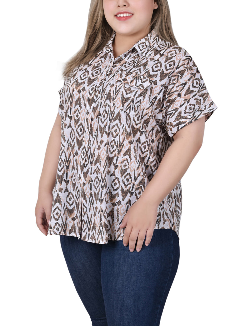 Plus Size Short Rolled Sleeve Button Front Blouse