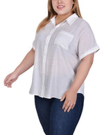 Plus Size Short Sleeve Woven Front/Jersey Back Top