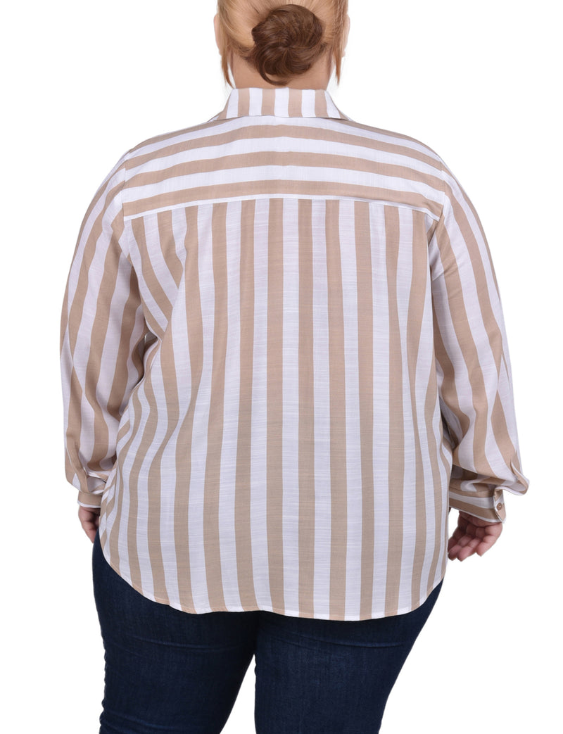Plus Size 3/4 Rolled Sleeve Striped Blouse