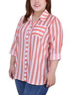 Plus Size 3/4 Rolled Sleeve Striped Blouse