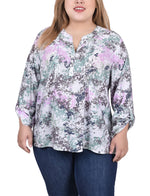 Plus Size Long Roll Tab Sleeve Pintuck Front Blouse