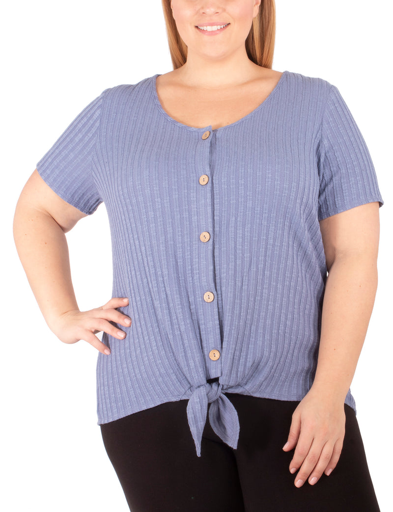 Plus Size Short Sleeve Button Front Top With Tie At Hem
