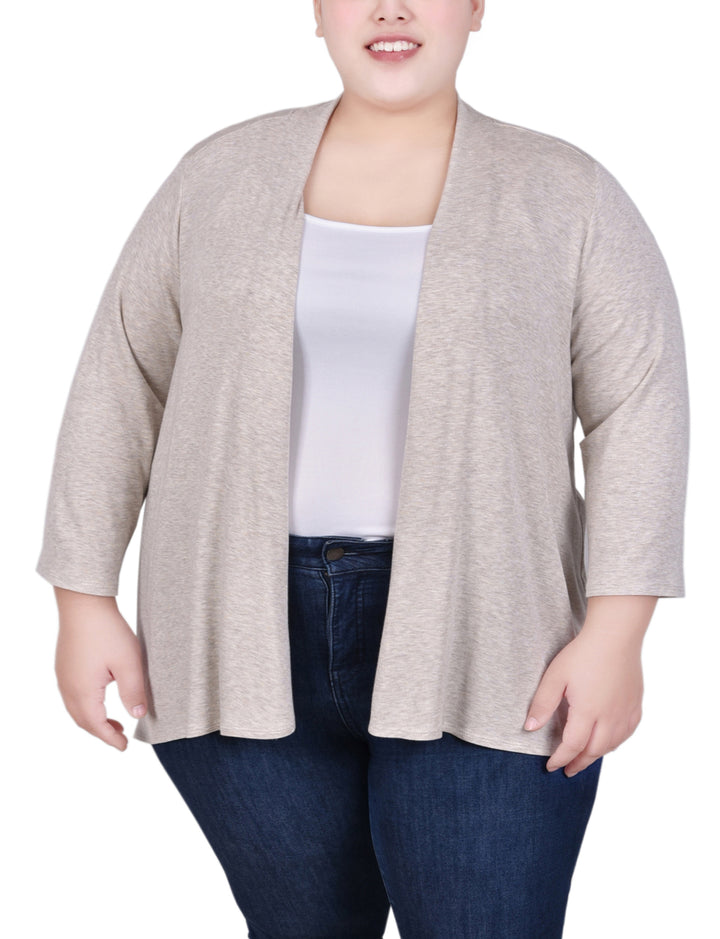 NY Collection Plus Size Solid 3 4 Sleeve Cardigan Oatmeal 3X