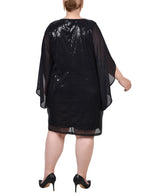 Plus Size Long Open Flutter Sleeve Sequined Dress