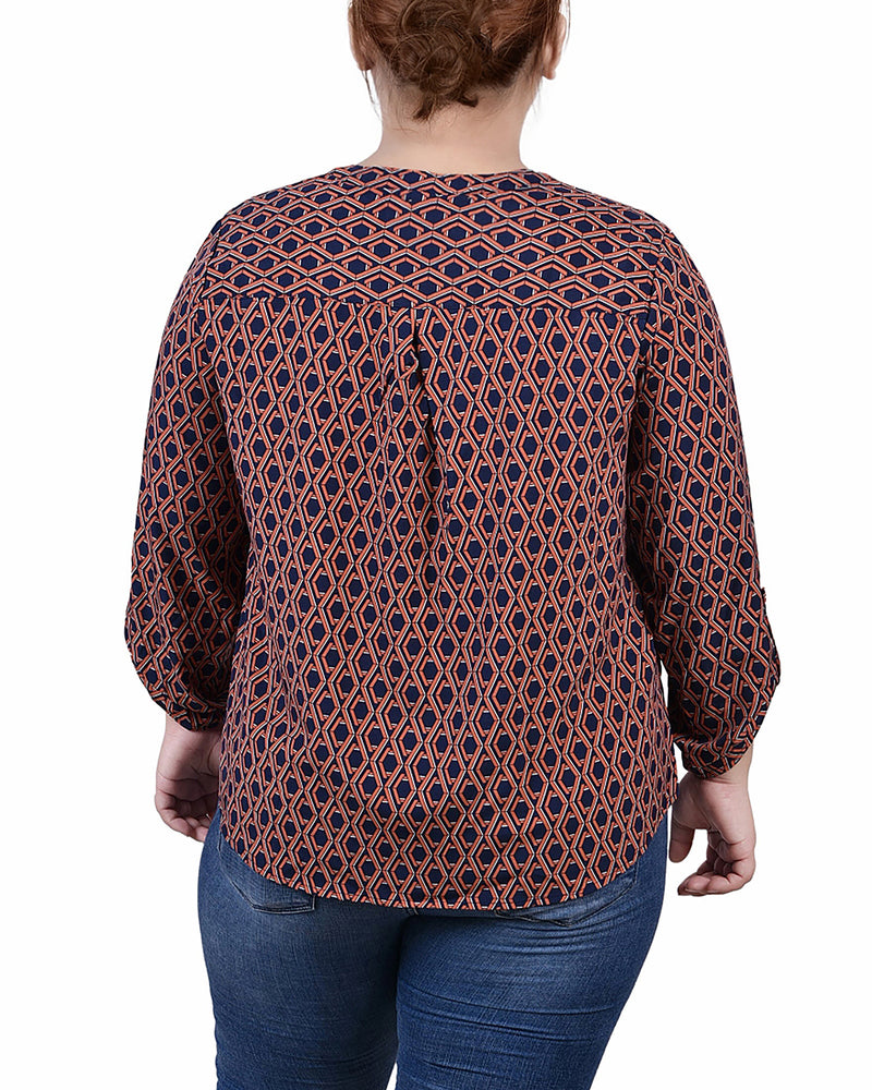 Plus Size 3/4 Roll Tab Sleeve Y-Neck Blouse