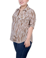 Plus Size 3/4 Roll Tab Sleeve Zip Front Top
