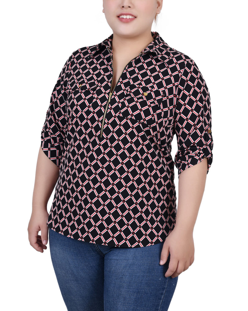 Plus Size 3/4 Roll Tab Sleeve Zip Front Top
