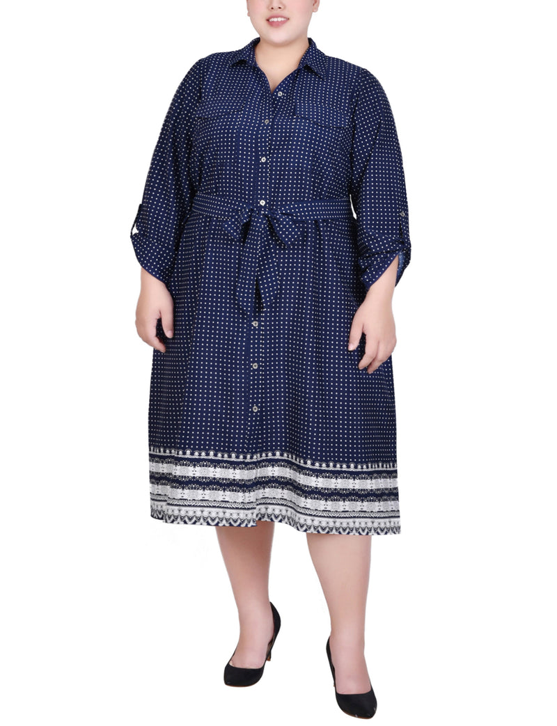 Plus Size 3/4 Roll Tab Sleeve Belted Shirtdress