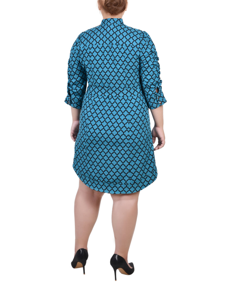 Plus Size 3/4 Rouched Sleeve Dress With Belt