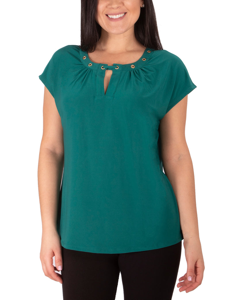Plus Size Cap Sleeve Top With Grommet Details And Keyhole