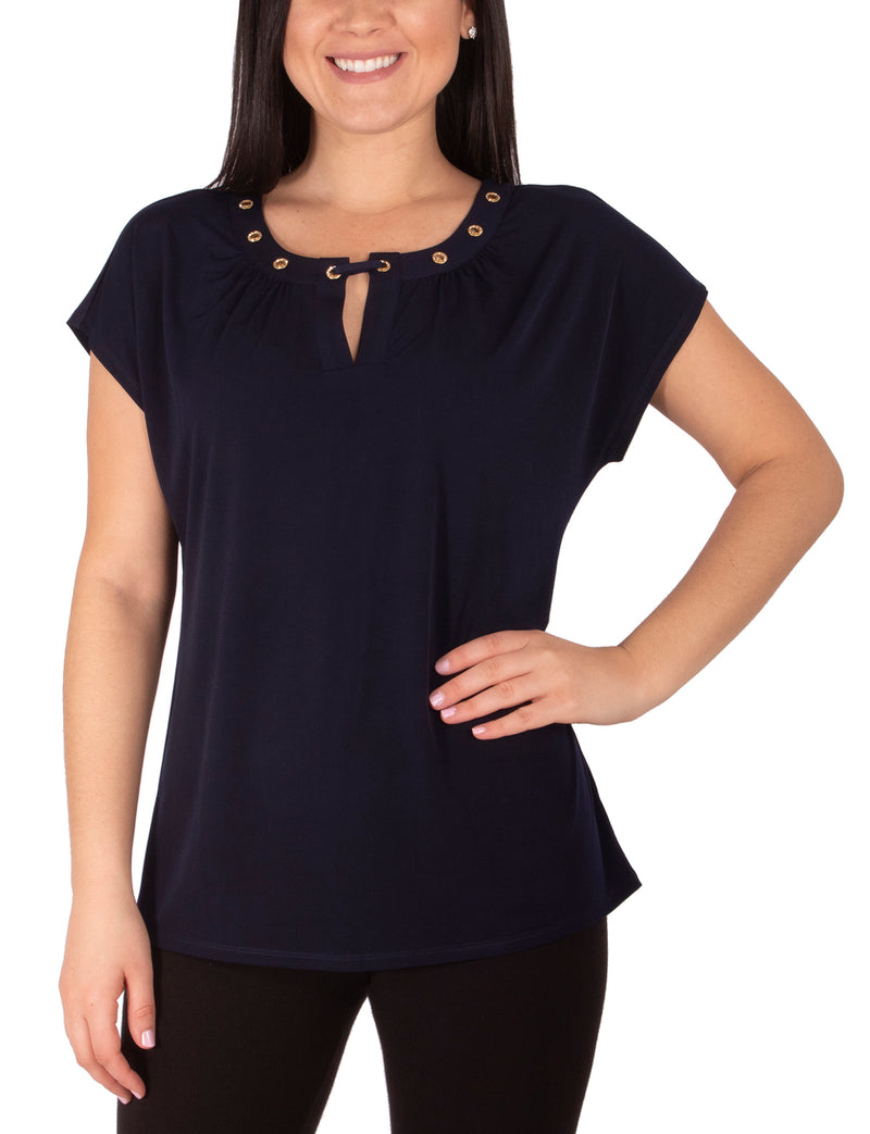 Plus Size Cap Sleeve Top With Grommet Details And Keyhole